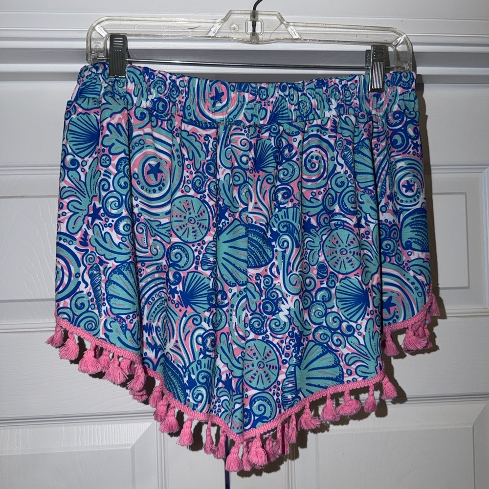 Simply Southern Blue Teal Pink Patterned Tassel Shorts - Picture 2 of 3